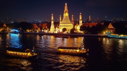 Fototapeta premium Tourist boats floating near Wat Arun at night, the temple's glowing facade mirrored in the river, capturing the lively yet serene atmosphere of Bangkok evenings