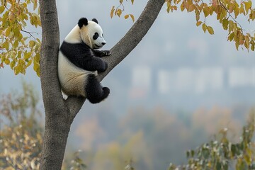 Obraz premium A playful panda rests on a tree branch amidst vibrant autumn leaves in a tranquil landscape, enjoying the serenity of nature