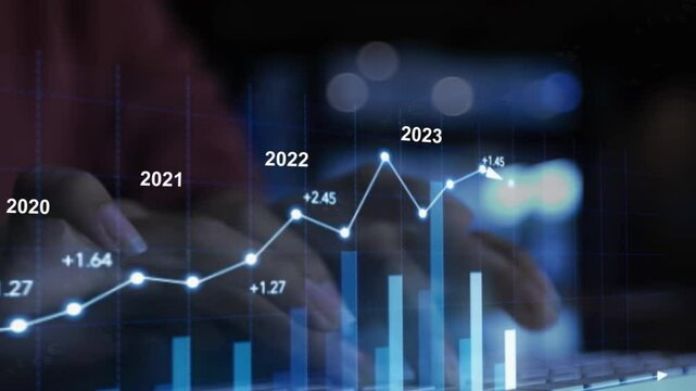 2025 Businesswoman analyzing company revenue, financial balance sheet working with digital virtual graphics
Businesswoman calculating financial data for long term investment growth goals