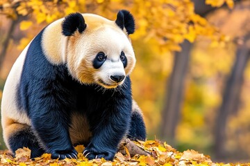 Fototapeta premium A giant panda relaxes among vibrant autumn leaves in a serene forest, showcasing nature's beauty and the playful spirit of wildlife during fall's golden splendor