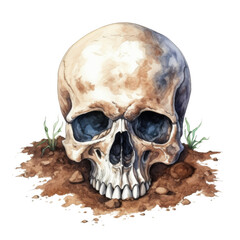 Watercolor Illustration of a Human Skull in Dirt