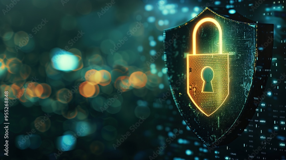 Poster glowing security padlock inside shield on dark background teachnology cybersecuirity copy space