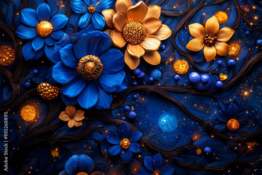 Wall mural zodiac signs in a celestial garden, captured in an artwork where each zodiac sign is a flower or tre