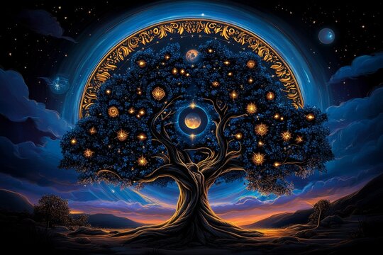 Zodiac signs in a celestial family tree, captured in an artwork where the zodiac signs are branches on a tree, showing the connections between them and the flow of cosmic energy through the