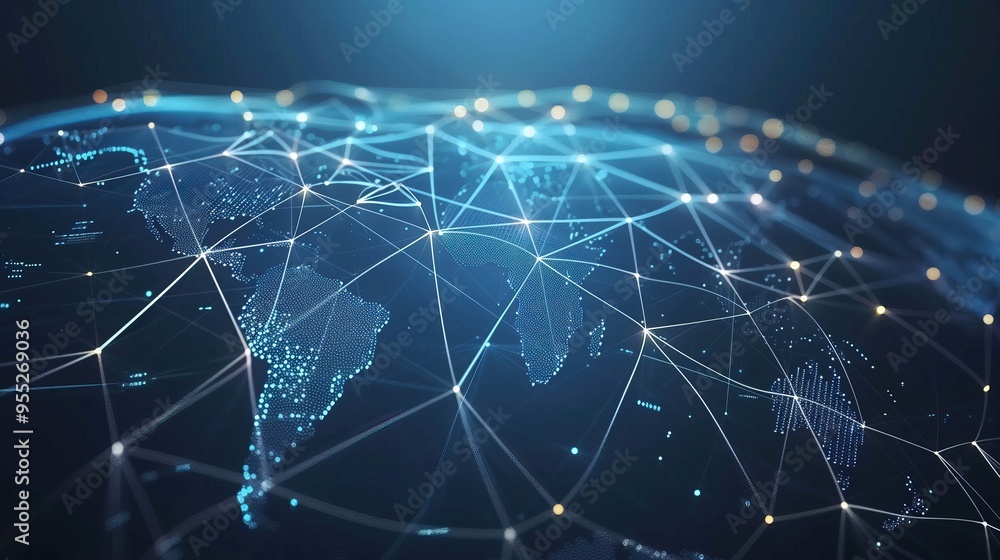 Poster digital rendering of world map globe with connected lines highlighting global networking