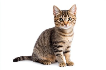 A tabby cat is shown in a studio setting, facing forward against a white backdrop.