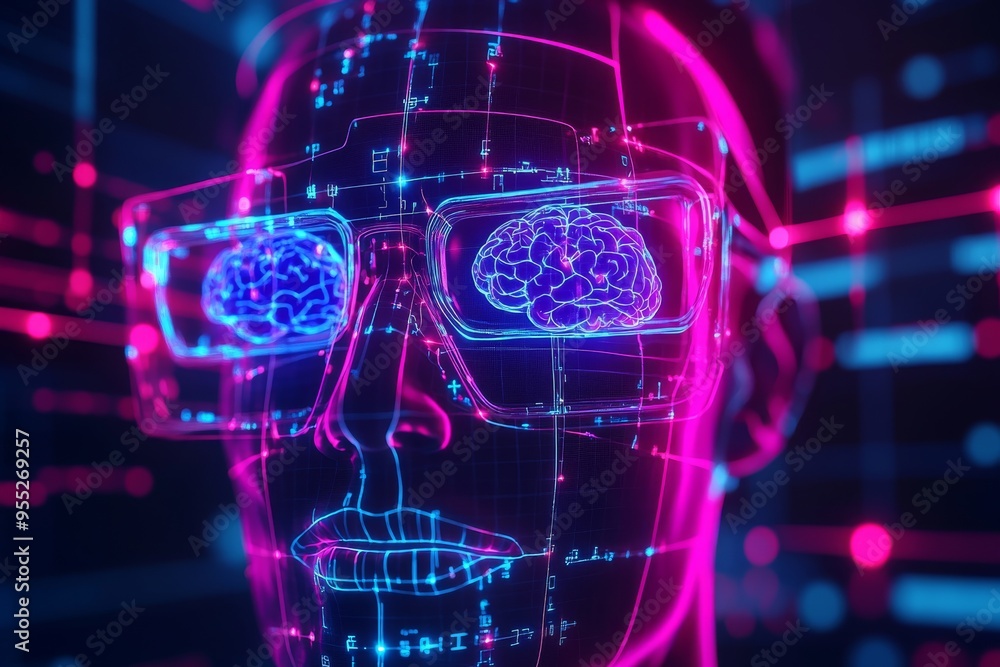 Poster memory storage diffusion tensor imaging neon lit humanoid head with glowing glasses representing the
