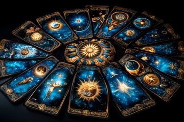 Zodiac signs in a celestial tarot deck, depicted in an artwork where each zodiac sign is a card in a tarot deck, blending astrological symbols with tarot meanings for a unique divination tool
