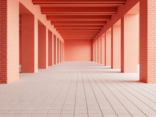 Modern interior space showcasing vibrant coral walls and structured brick columns, perfect for design and architectural inspiration.