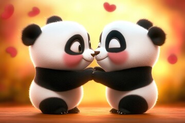 Obraz premium Two adorable pandas share a tender moment in a vibrant and romantic setting with floating hearts during a golden sunset
