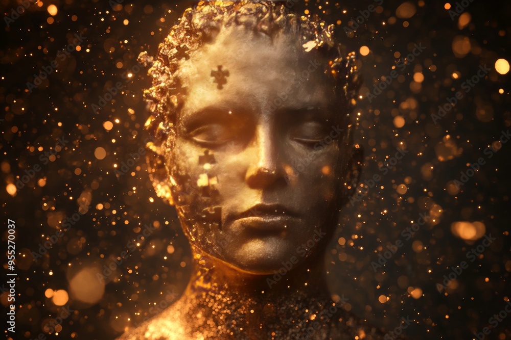 Poster brain oscillations diffusion tensor imaging face of a woman dissolving into a swarm of golden partic