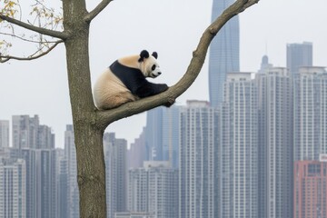 Obraz premium A playful panda perched high on a tree branch, overlooking a bustling city skyline, capturing a moment of nature amidst urban development