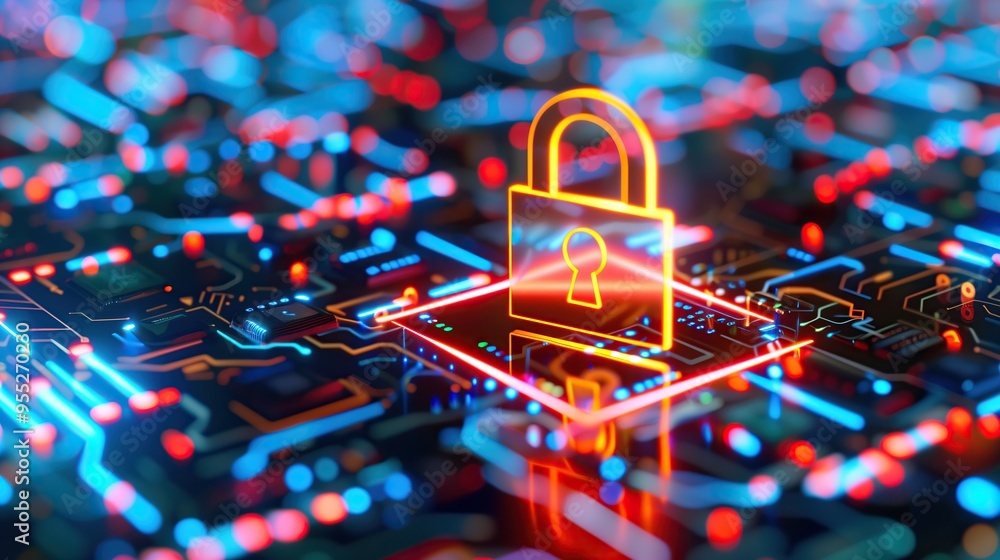 Aufkleber neon padlock on circuit board representing cyber security technology backgrond