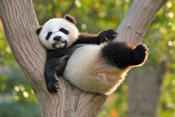 Obraz premium A playful panda cub relaxes in a tree, basking in the sunlight amidst lush greenery, exuding charm and tranquility in its natural habitat