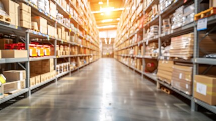 blurred view of warehouse aisle with shelves full of boxes