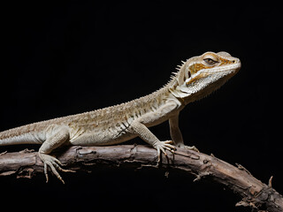 Portrait of a bearded dragon on a branch. Isolated on black background