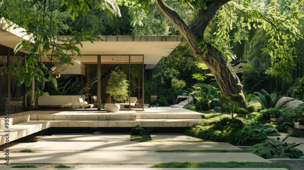 Poster A house with a large tree in front of it