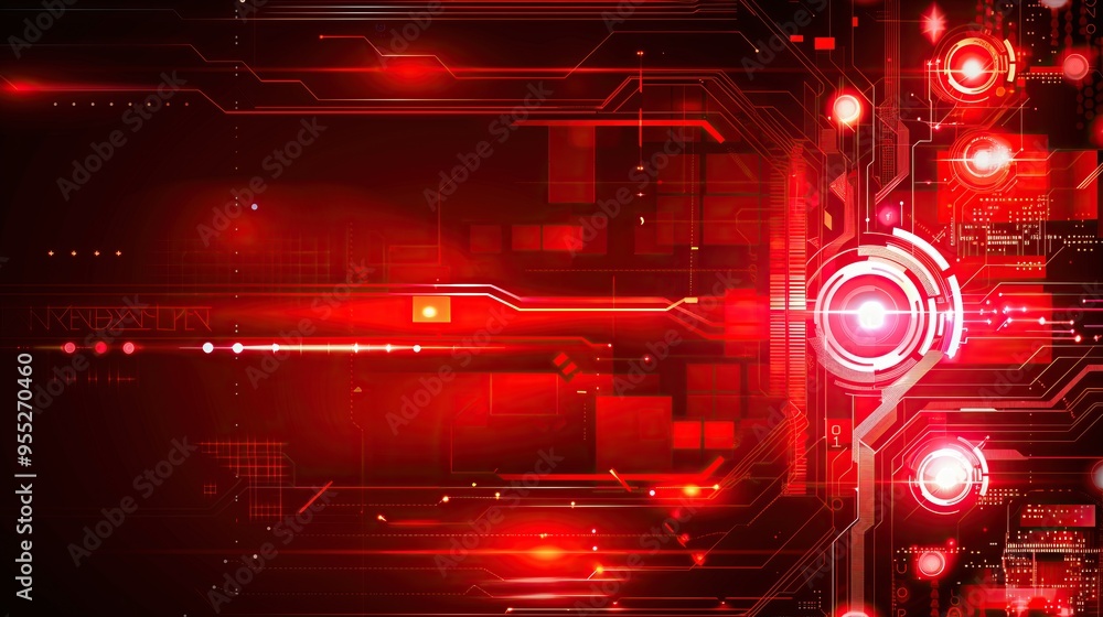 Poster abstract red white circuit board with glowing lights technology background copy space