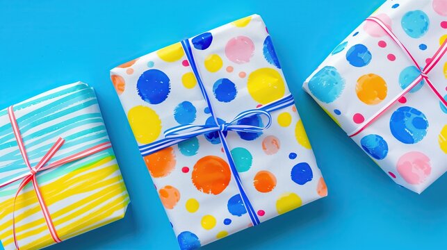 three brightly wrapped presents gift box festive occassion on blue background. - Powered by Adobe