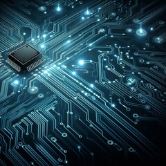 Thin circuit trace lines in blue on a dark technology background. Abstract digital tech bg. Electronics and computer technology concept. Chip and circuit board. Vector illustration. Chip connectors
