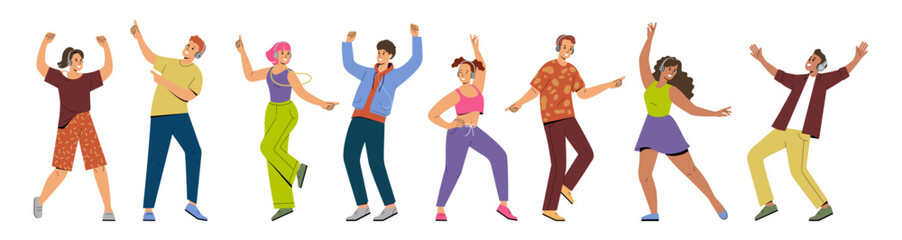 Dancing people. Fun music woman and men in headphones, happy person, young characters listen and move disco action. Leisure time, teenagers with phones. Vector cartoon isolated illustration set