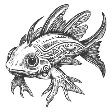 recommend clip art: Intricate Detailed Black and White Ornamental Fish Illustration
