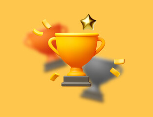 3D winners cup. Trophy cup. Gold, silver and copper. Vector award nomination background