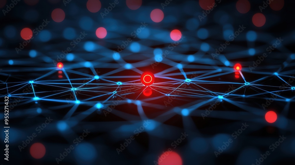 Poster abstract digital network composed of interconnected nodes, illuminated by glowing red and blue light