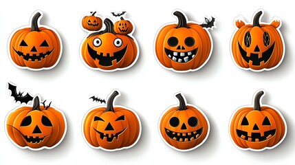 A collection of cheerful and spooky pumpkins with various faces, perfect for Halloween decorations and festive themes.