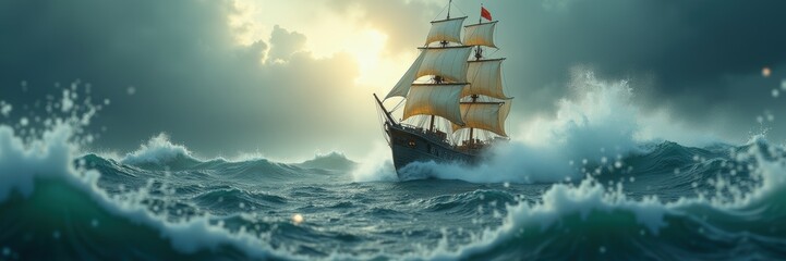 Obraz premium A majestic sailing ship battles turbulent waves under a dramatic sky, capturing the essence of adventure and resilience on the open sea.