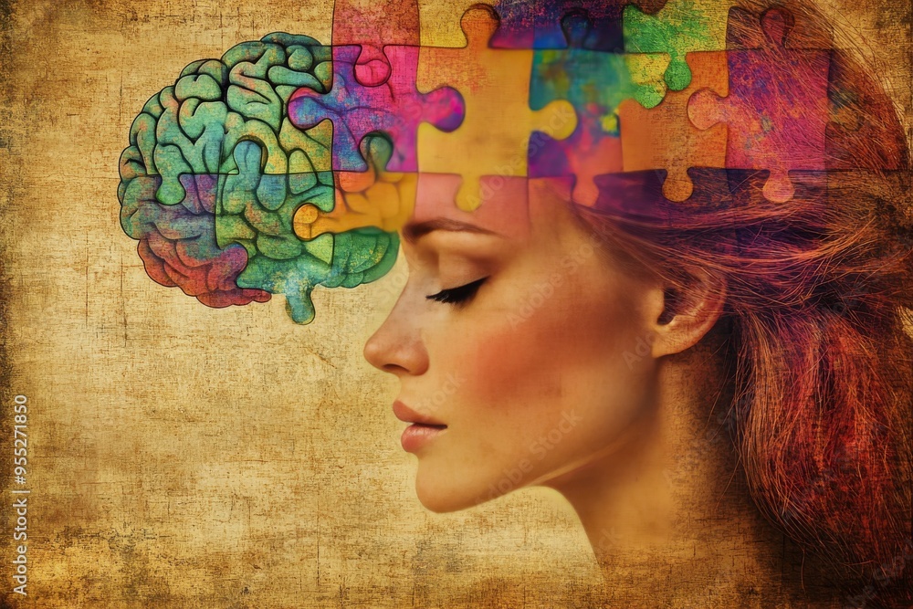 Poster neurobehavioral disorders diffusion tensor imaging woman with puzzle pieces forming the shape of a b