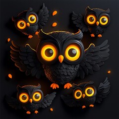 Charming black owl with bright orange eyes, surrounded by smaller owls, capturing a whimsical and playful essence.