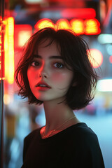 A woman with a short haircut and a necklace is standing in front of a neon sign