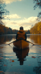 A man is sitting in a canoe on a lake