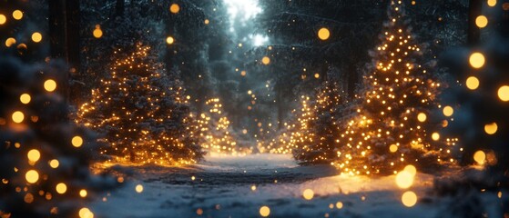 Naklejka premium Magical forest with christmas trees and glowing lights