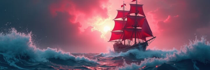 A majestic red-sailed ship navigates tumultuous seas against a dramatic sunset backdrop, evoking adventure and exploration in a stunning maritime scene.
