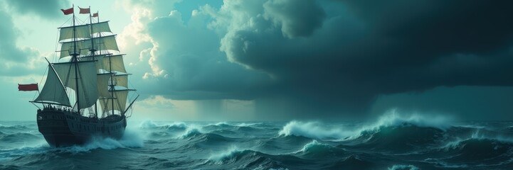 Obraz premium A dramatic seascape featuring a ship battling stormy waves under ominous clouds. Ideal for nautical themes, adventure stories, or maritime design projects.