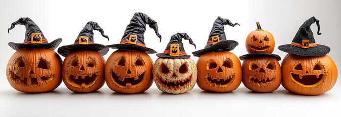 Obraz premium A row of pumpkin lanterns with witch hats on them