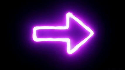 Glowing neon purple arrow sign on black background. Minimalistic design for banners, posters, and digital media. Direction and navigation concept.