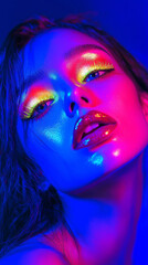 A woman with bright colored makeup on her face. The makeup is neon and the woman's face is lit up
