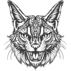 Obraz premium Black and White Illustration of a Ferocious Cat Head