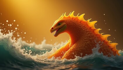 A vibrant, mythical creature emerging from the waves at sunset, showcasing a blend of fantasy and adventure, perfect for film, game design, or children's media.