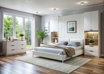 Modern white bedroom furniture boasts ample storage and clean lines, creating a minimalist and organized space that