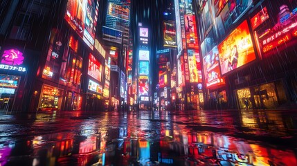 A vibrant city street at night illuminated by neon lights and reflections on wet pavement, creating a cinematic and futuristic atmosphere.