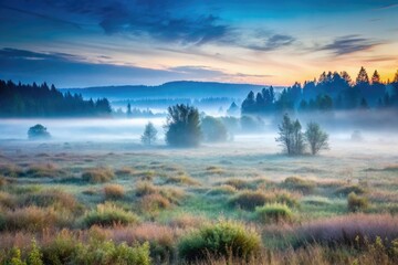 Fototapeta premium Misty morning landscape over a serene meadow.