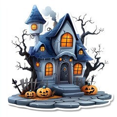 Fototapeta premium Spooky haunted house with eerie trees, glowing windows, and Halloween pumpkins, perfect for festive decorations and themes.