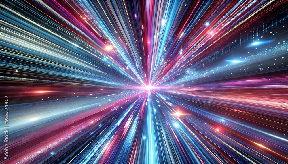 Poster dynamic burst of colorful light streaks creating a high-speed effect, representing futuristic travel