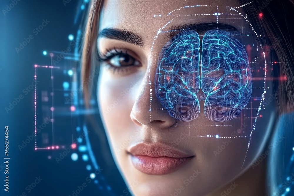 Canvas Prints Emotional processing Imaging High tech portrait of a woman with a digital brain interface representing the future of human machine integration and augmented cognition