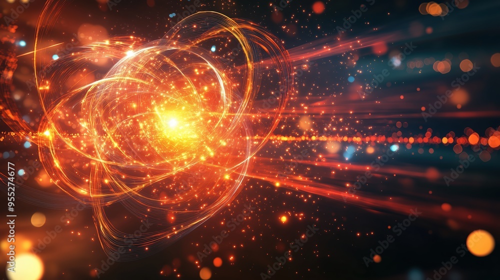 Poster 3D rendering of a data visualization background featuring abstract digital particles and futuristic circular rings on a dark black background. The glowing light effect, along with colorful laser spark
