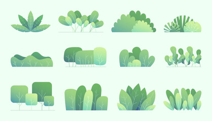 Simple bush. Tree green gradient, plant silhouette for vegetation field, shrub grove landscape. Line eco forest. isolated decorative minimalistic elements. Vector cartoon flat botanical set © SpicyTruffel